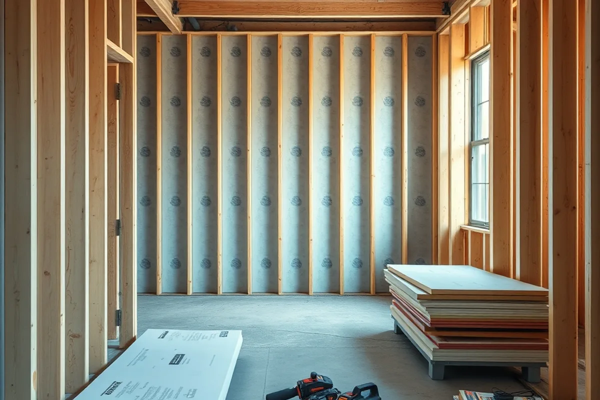 Partially built interior room with exposed studs and materials stacked on the floor