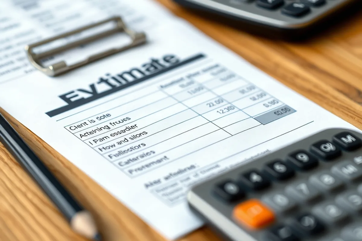Printed estimate with a calculator and pencil on a wooden table