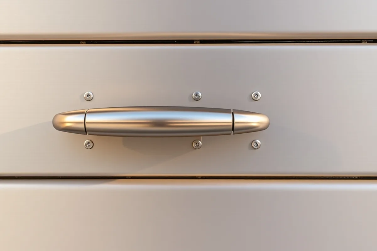Close-up of a brushed steel handle and panel seam on a modern garage door