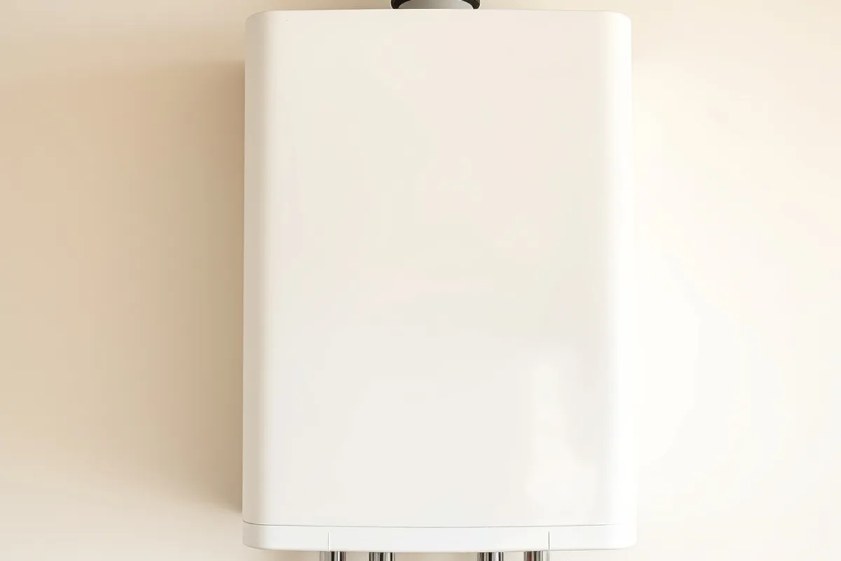 Plain wall-mounted tankless water heater with copper pipework in a utility room