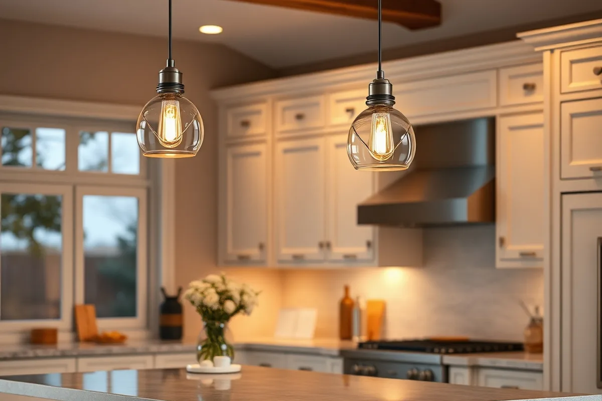 Two pendant lights hanging over a kitchen island with pale cabinets