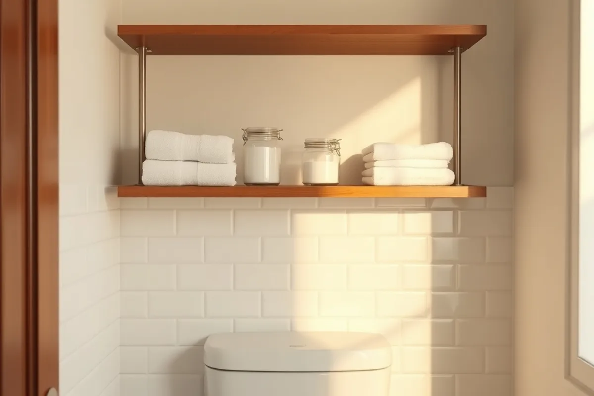 Shallow open shelves above a toilet holding folded towels and glass jars