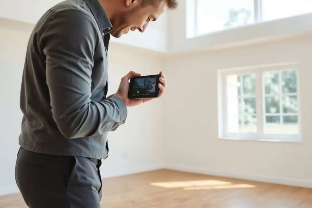 Appraiser photographing a bright empty living room with hardwood floors