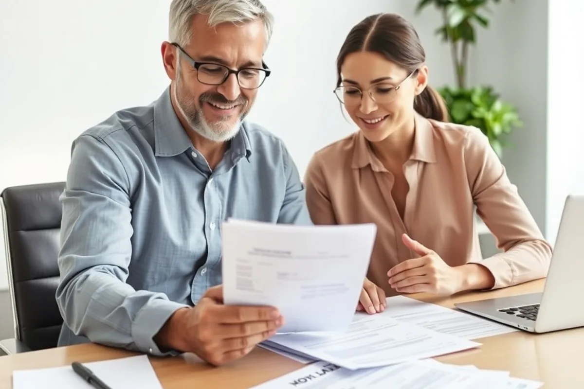 Couple reviewing home loan paperwork with a loan officer at a bright desk